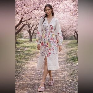Anthropologie NWT Let Me Be Long-Sleeve V-Neck Floral A-Line Midi Dress MP.